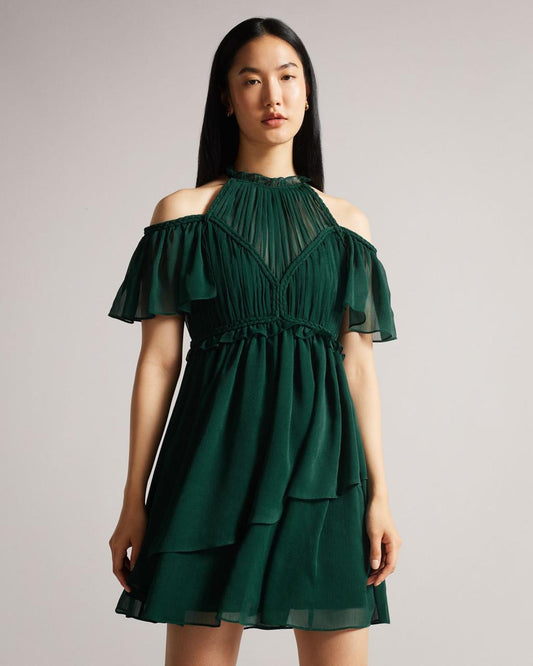 TED BAKER Poppio Deep Green Rope Could Shoulder Detail Mini Dress (2) UK10 BNWT