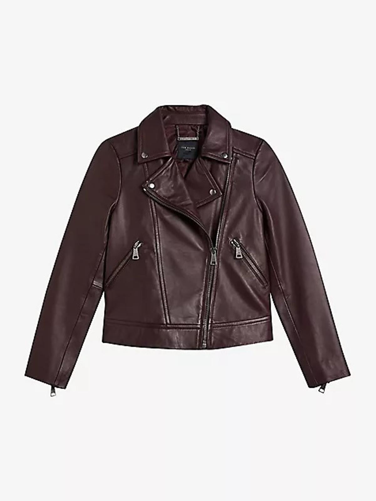 TED BAKER Ellaar Ladies Plum Purple Leather Fitted Biker Jacket (0) UK6 BNWT