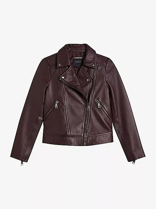 TED BAKER Ellaar Ladies Plum Purple Leather Fitted Biker Jacket (4) UK14 BNWT