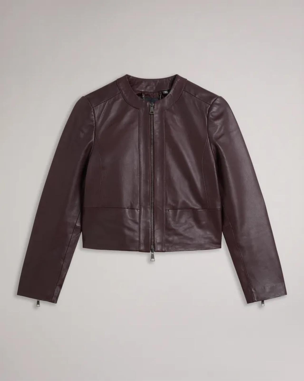 TED BAKER Clarya Ladies Plum Purple Leather Fitted Panelled Jacket (2) UK10 BNWT