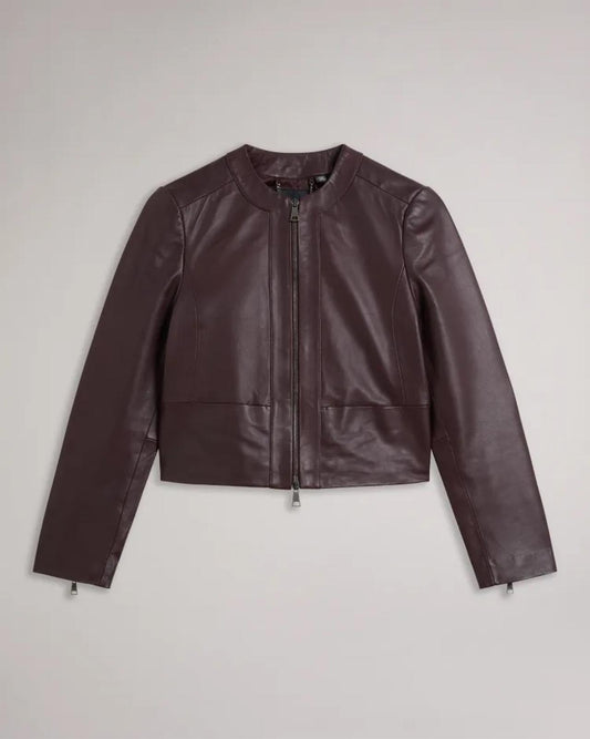 TED BAKER Clarya Ladies Plum Purple Leather Fitted Panelled Jacket (4) UK14 BNWT