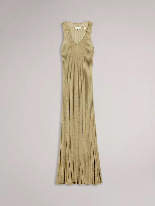 TED BAKER Maisu Mid Yellow Beige Metallic Pleat Knit Maxi Dress (4) UK14 BNWT