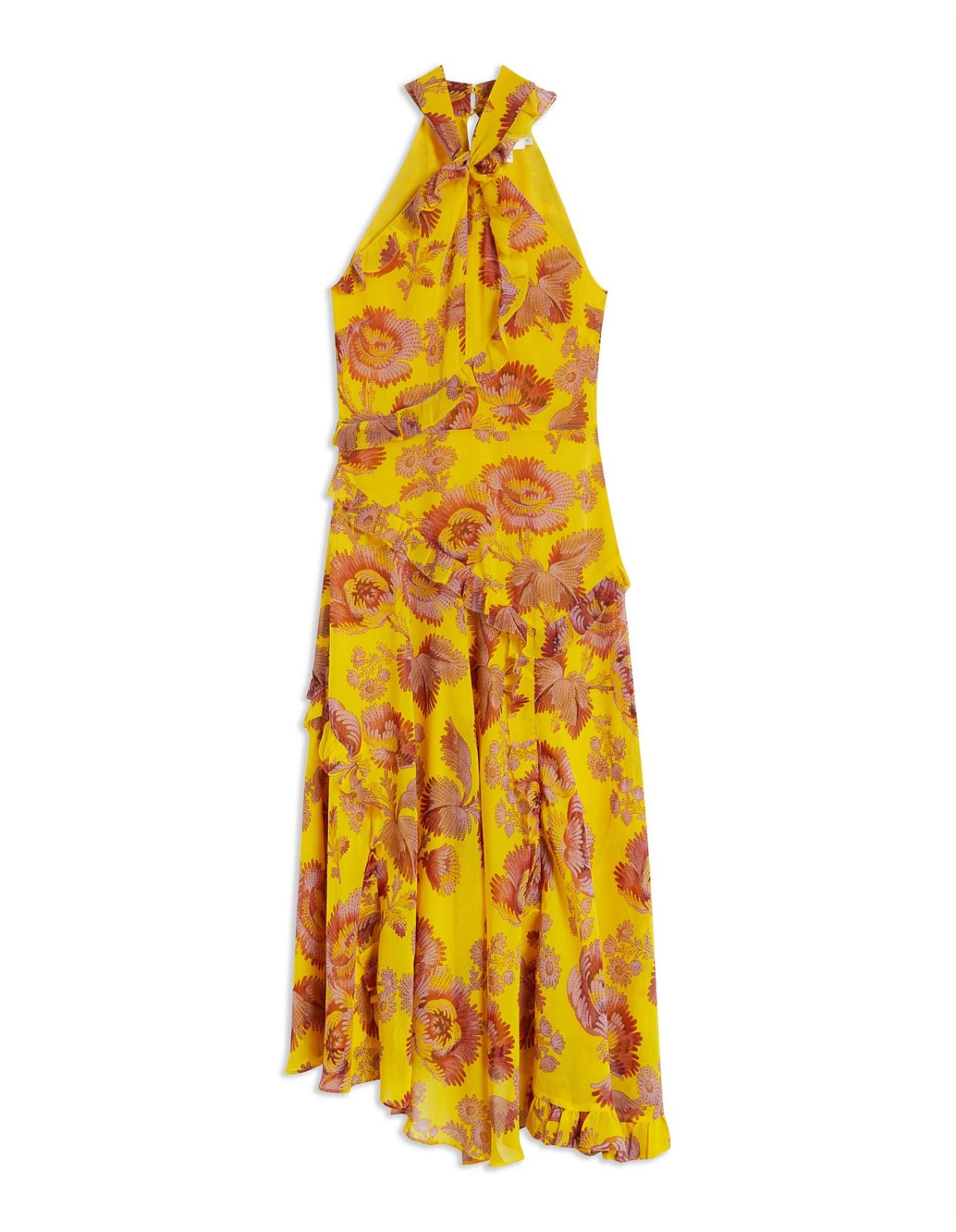 TED BAKER Maeva Yellow Floral Twist Neck Frill Detail Midi Dress (0) UK6 BNWT