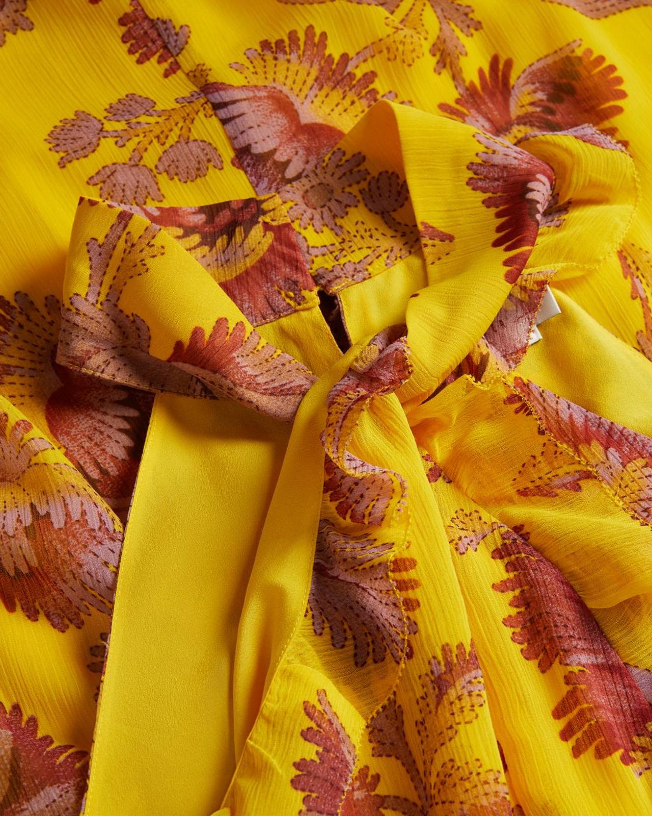 TED BAKER Maeva Yellow Floral Twist Neck Frill Detail Midi Dress (4) UK14 BNWT