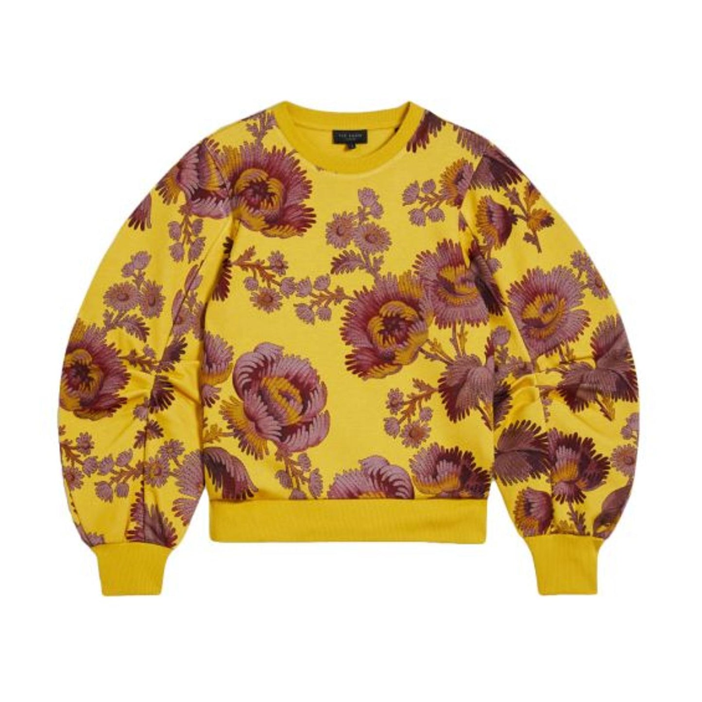 TED BAKER Delray Ladies Yellow Floral Statement Sleeve Jumper (2) UK10 BNWT