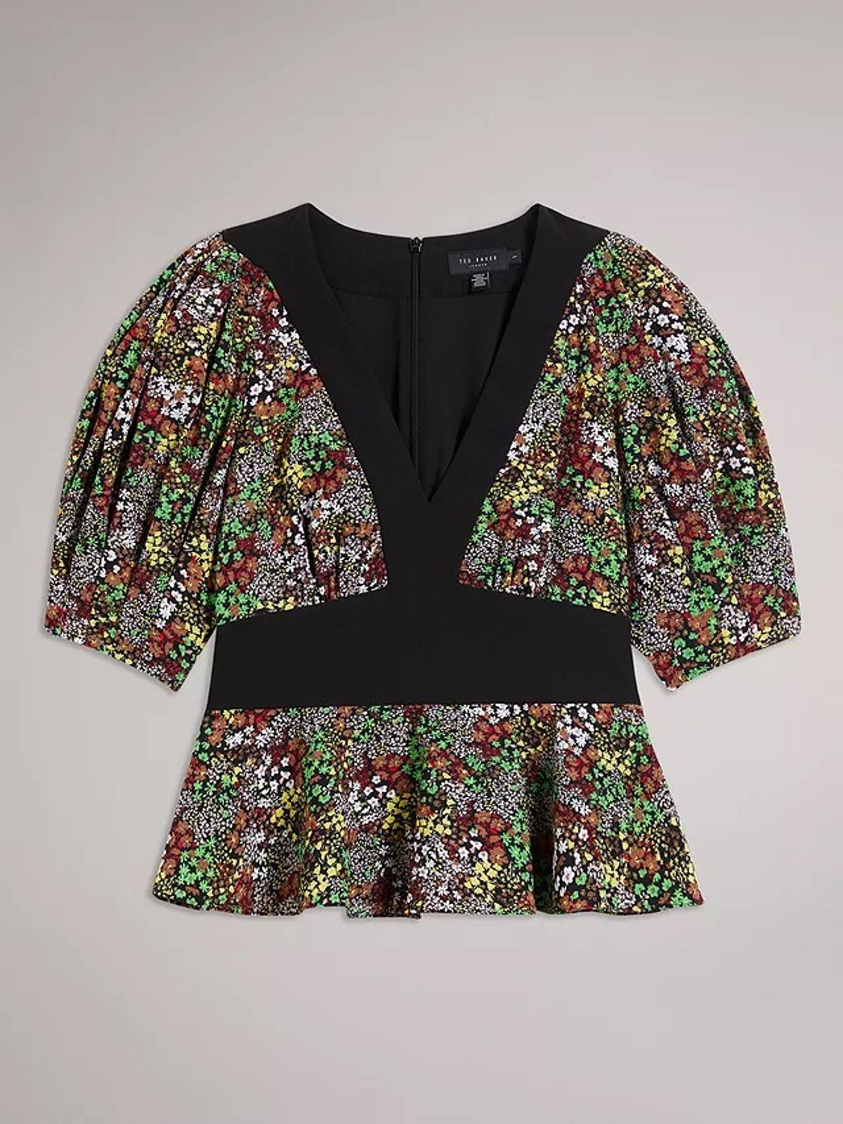 TED BAKER Camilya Black Floral Crepe Panelled Puff Sleeve Top (1) UK8 BNWT