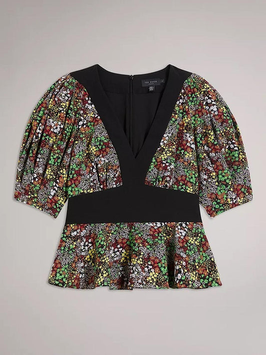 TED BAKER Camilya Black Floral Crepe Panelled Puff Sleeve Top (4) UK14 BNWT