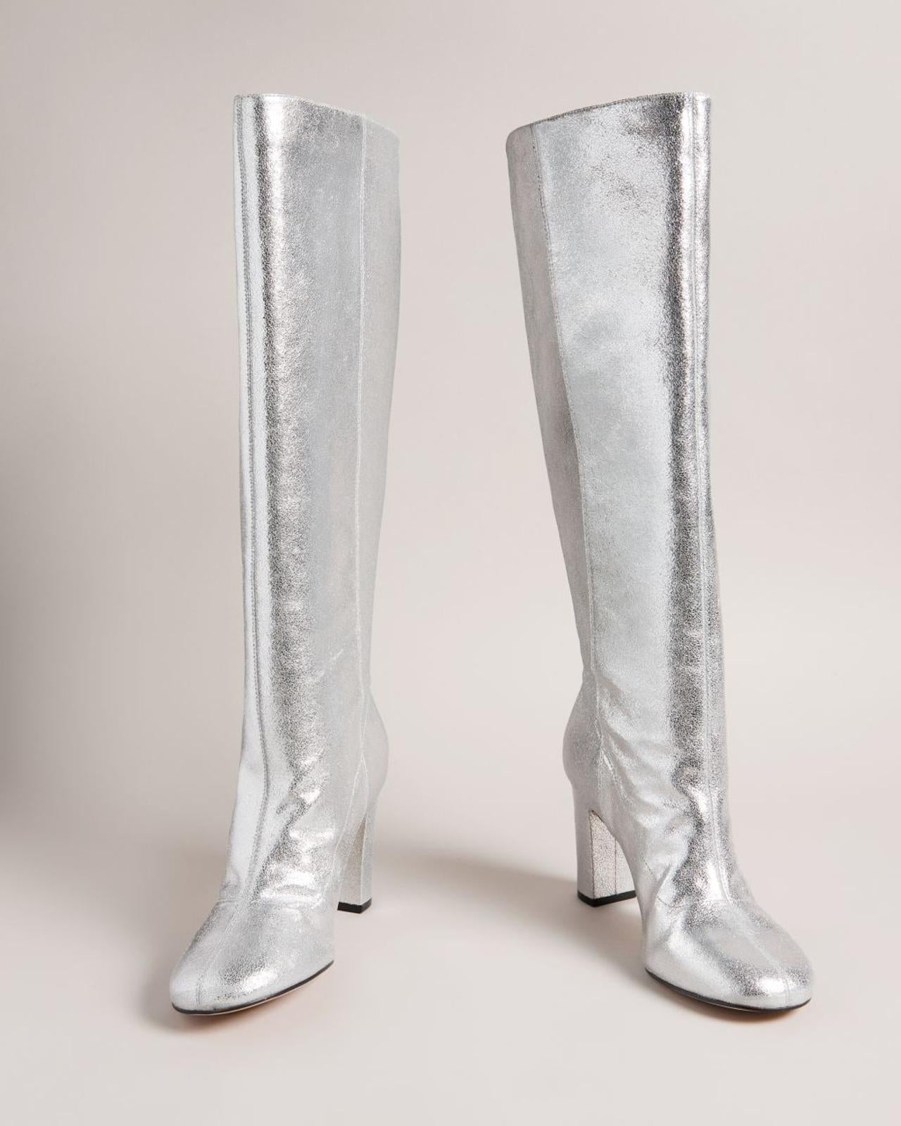 TED BAKER Marlarh Ladies Silver Leather Block Heel Knee High Boot EU39 UK6 BNIB