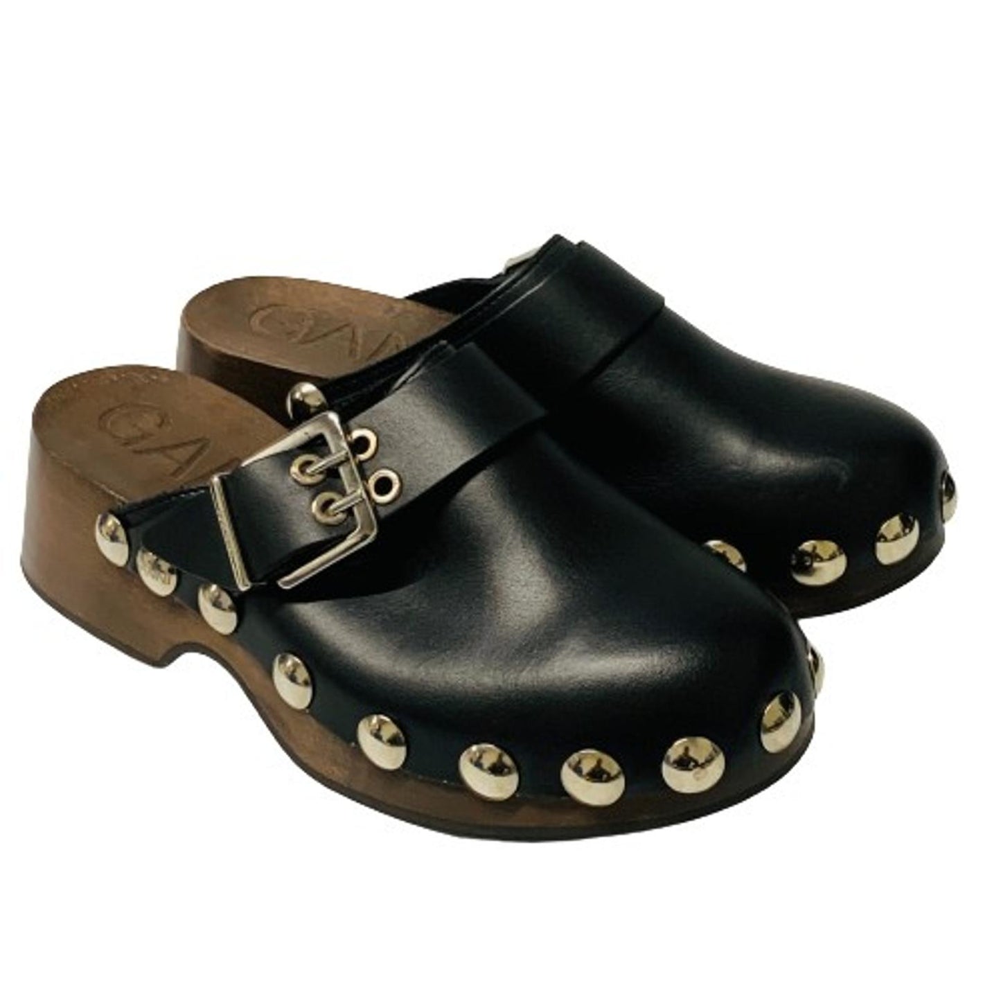 GANNI Ladies Black Slip On Clog Studded Wooden Sandal Shoe Leather UK5 NEW