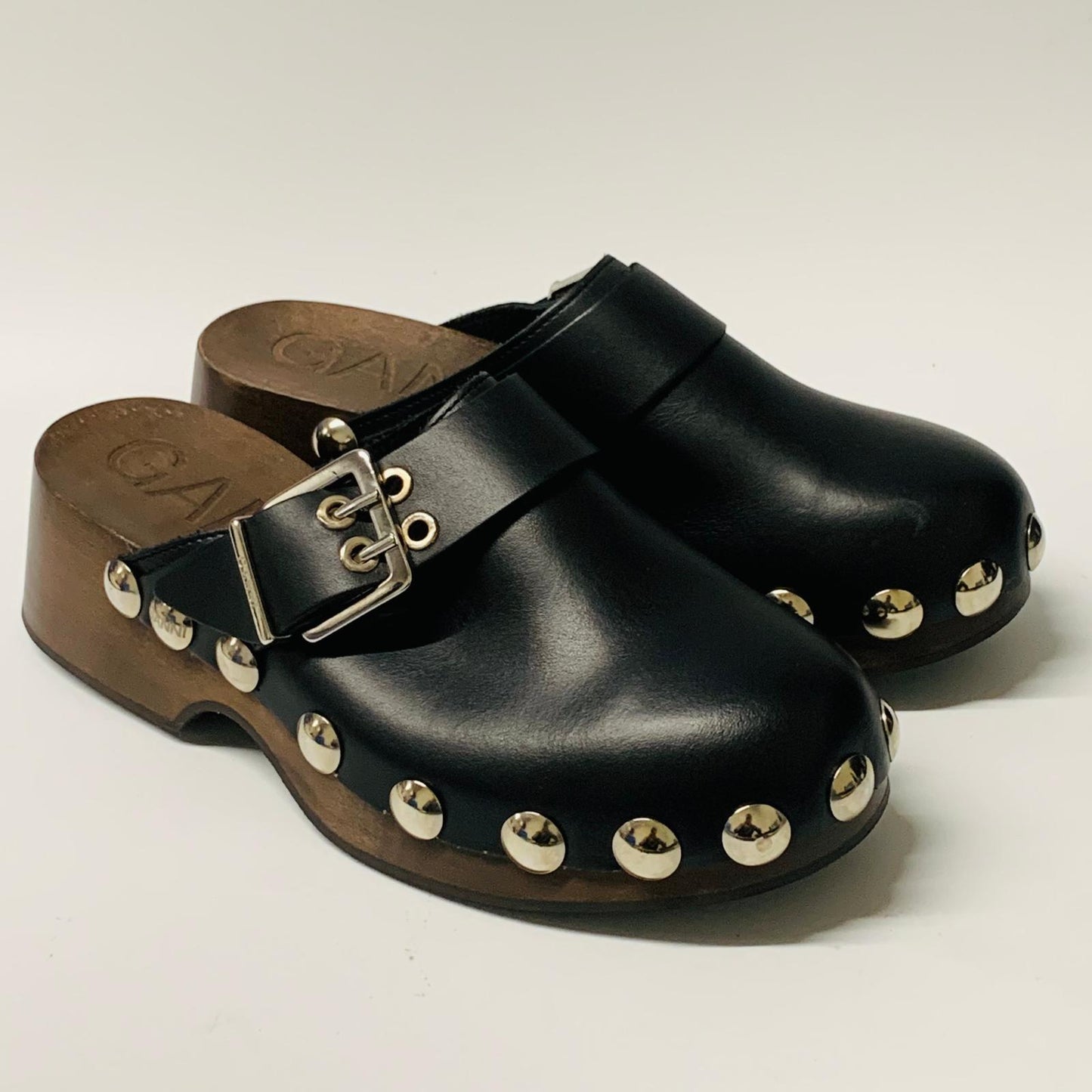 GANNI Ladies Black Slip On Clog Studded Wooden Sandal Shoe Leather UK5 NEW