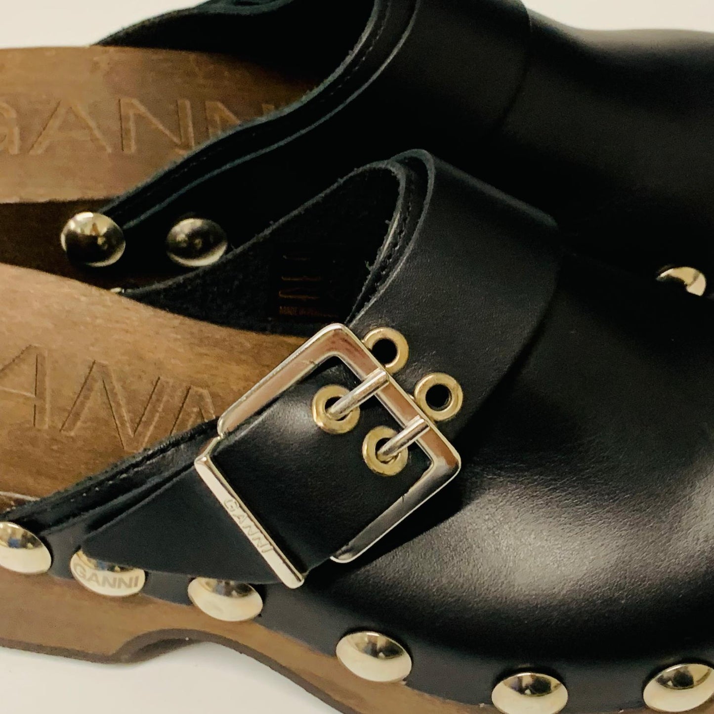 GANNI Ladies Black Slip On Clog Studded Wooden Sandal Shoe Leather UK5 NEW