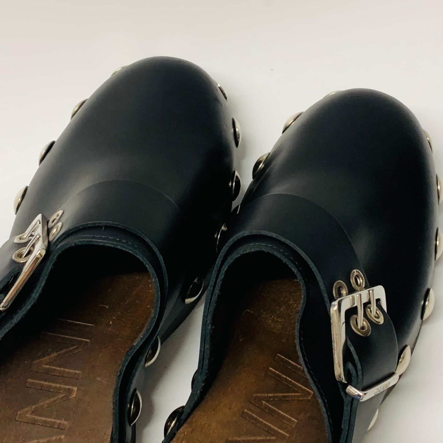 GANNI Ladies Black Slip On Clog Studded Wooden Sandal Shoe Leather UK5 NEW