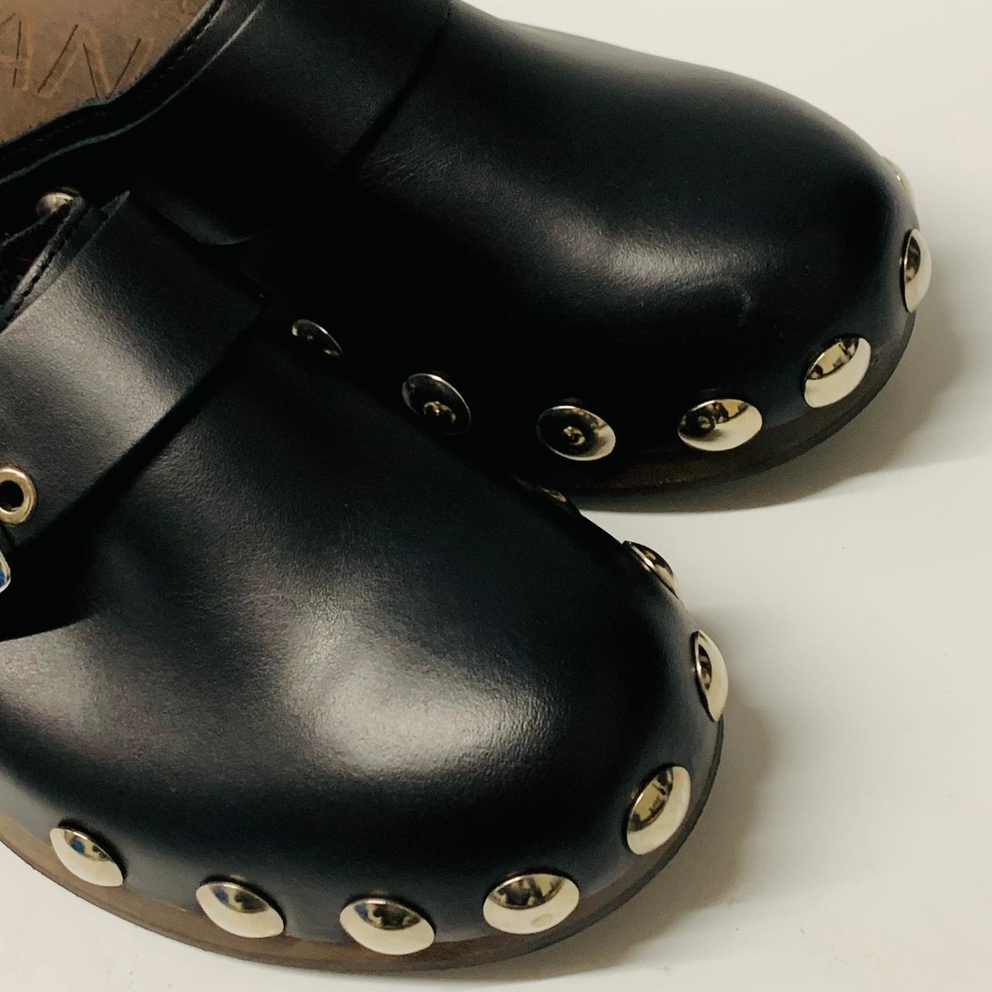 GANNI Ladies Black Slip On Clog Studded Wooden Sandal Shoe Leather UK5 NEW