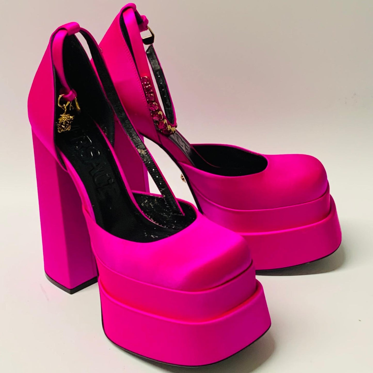 VERSACE Ladies Pink Neon Hi-Heel Platform 155 Pump Ankle Strap Shoe UK5.5 NEW