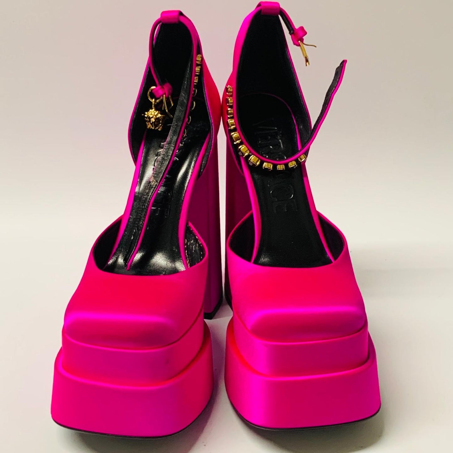 VERSACE Ladies Pink Neon Hi-Heel Platform 155 Pump Ankle Strap Shoe UK5.5 NEW