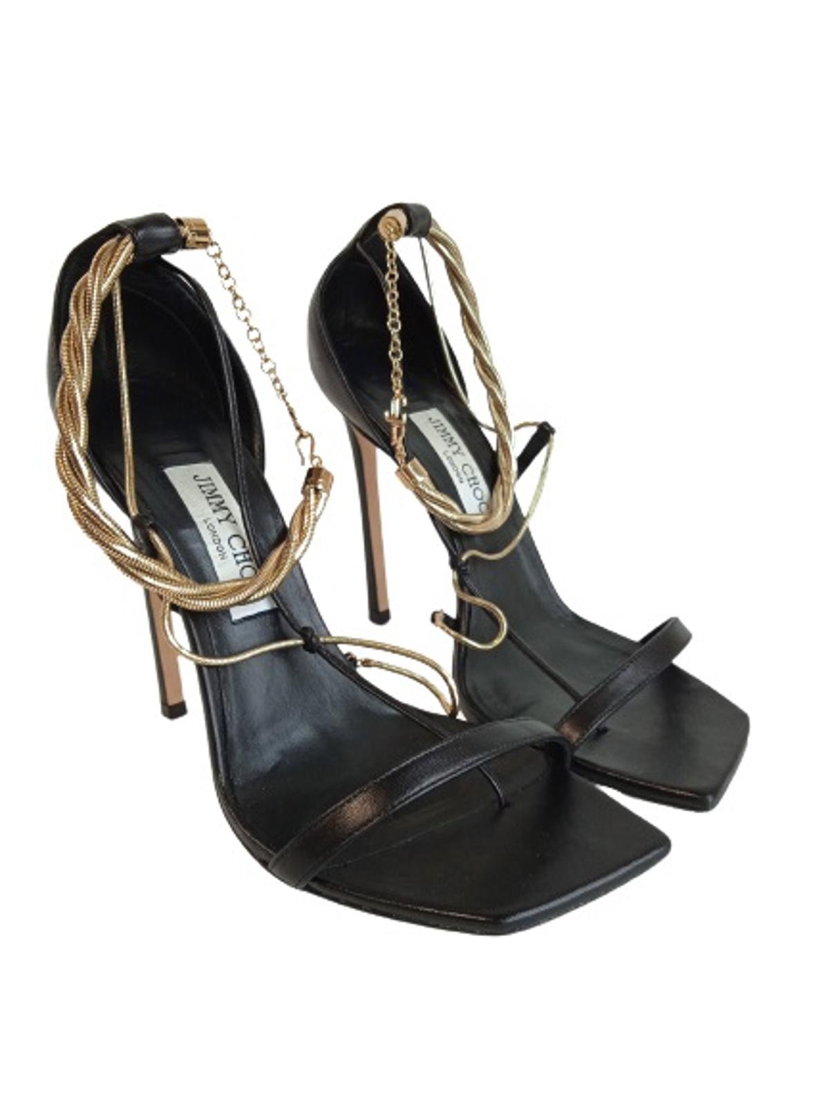 JIMMY CHOO Ladies Black & Gold Leather Oriana 110 Sandals Size EU40 UK7 NEW