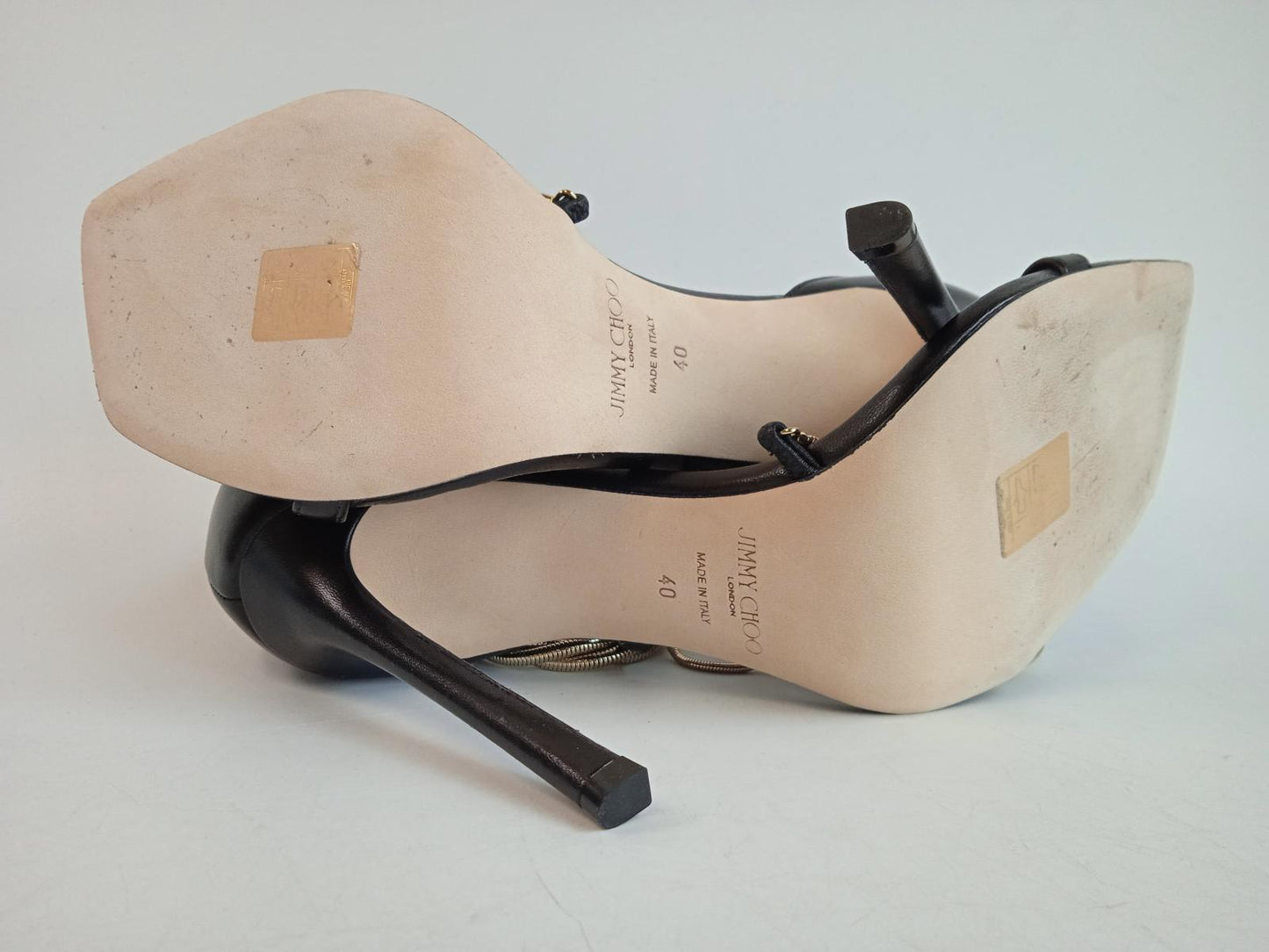 JIMMY CHOO Ladies Black & Gold Leather Oriana 110 Sandals Size EU40 UK7 NEW