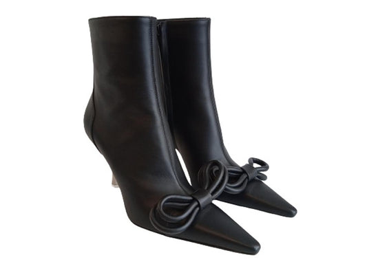 MACH & MACH Ladies Black Leather Double Bow Ankle Boots Size EU37 UK4 NEW