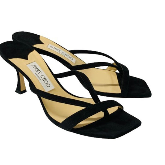 JIMMY CHOO Ladies Black Sandal Strap Squared Kitten Shoe Heel UK7 NEW