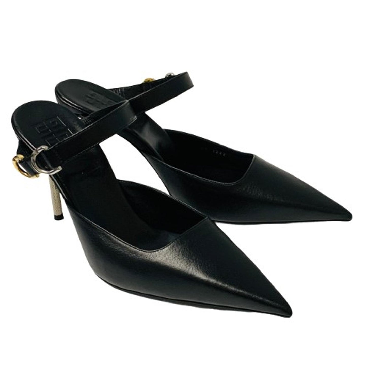 GIVENCHY Ladies Black Point Toe Ankle Strap Heel Slingback Leather Shoe UK7 NEW