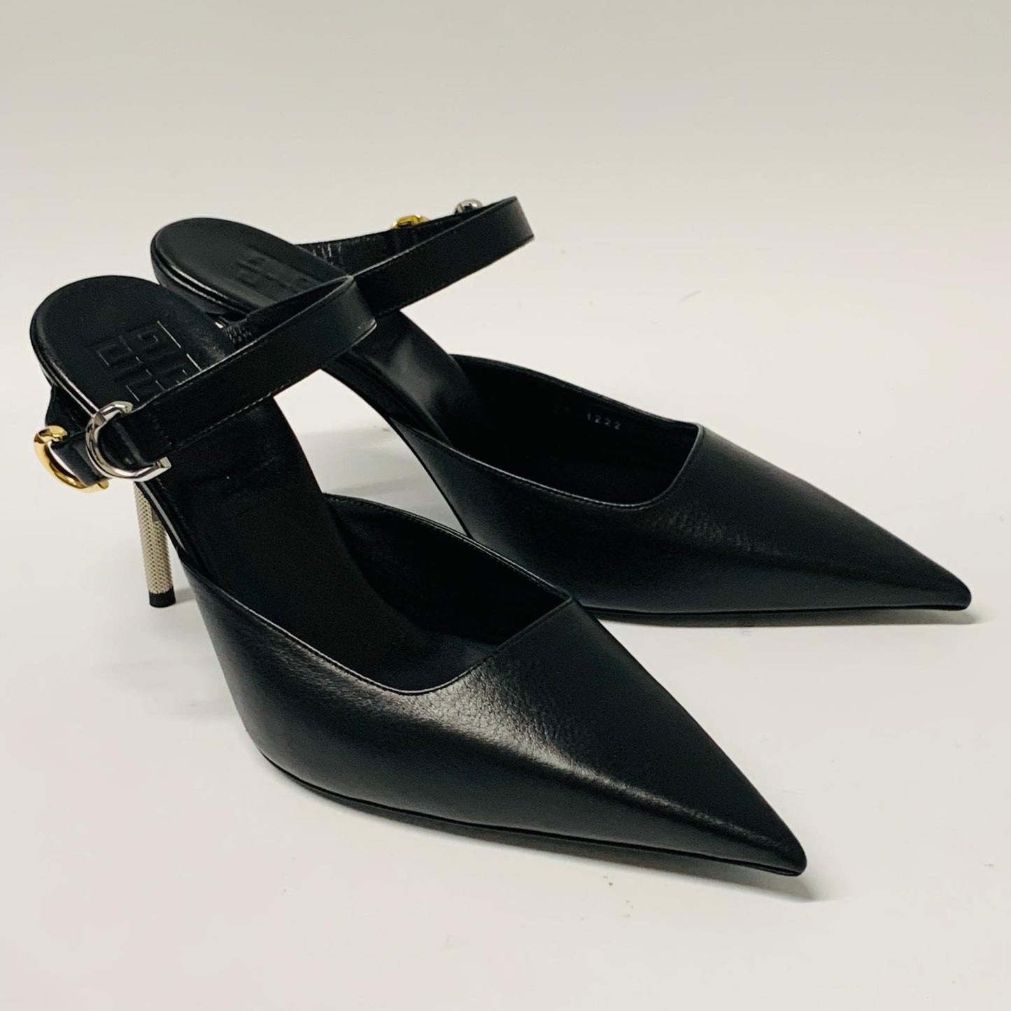 GIVENCHY Ladies Black Point Toe Ankle Strap Heel Slingback Leather Shoe UK7 NEW