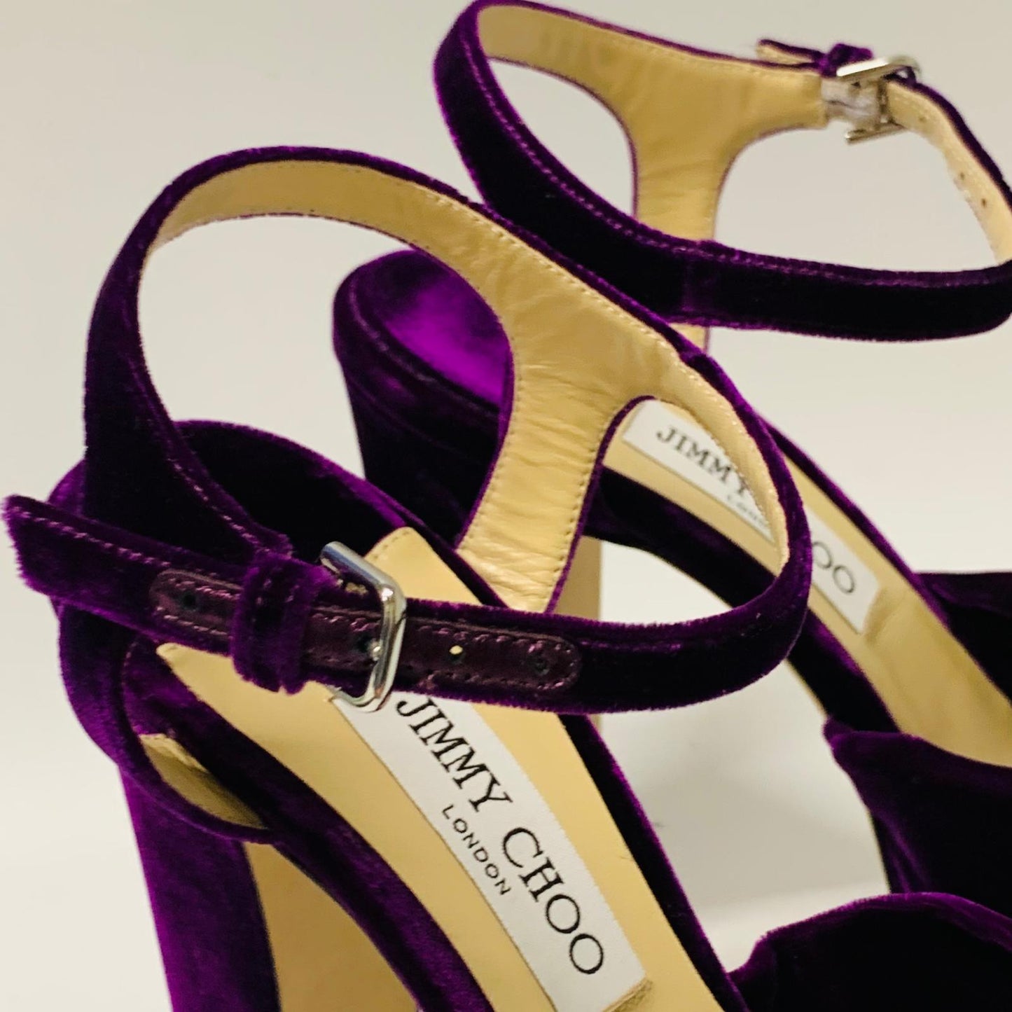 JIMMY CHOO Ladies Purple Velvet Ankle Strap Heel Platform Heels Shoe UK7.5 NEW