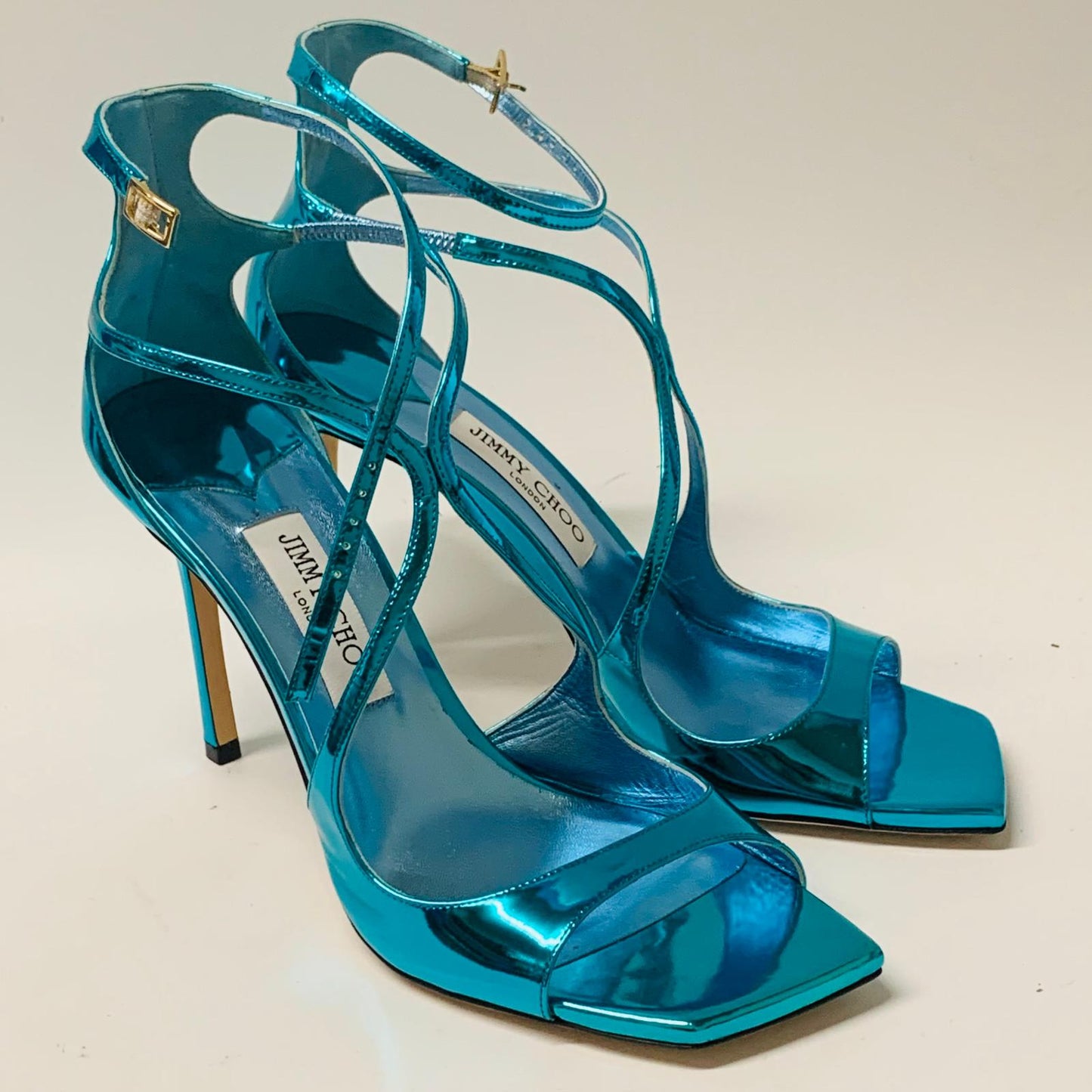 JIMMY CHOO Ladies Blue Electric Bright High Heel Strappy Ankle Leather UK7 NEW