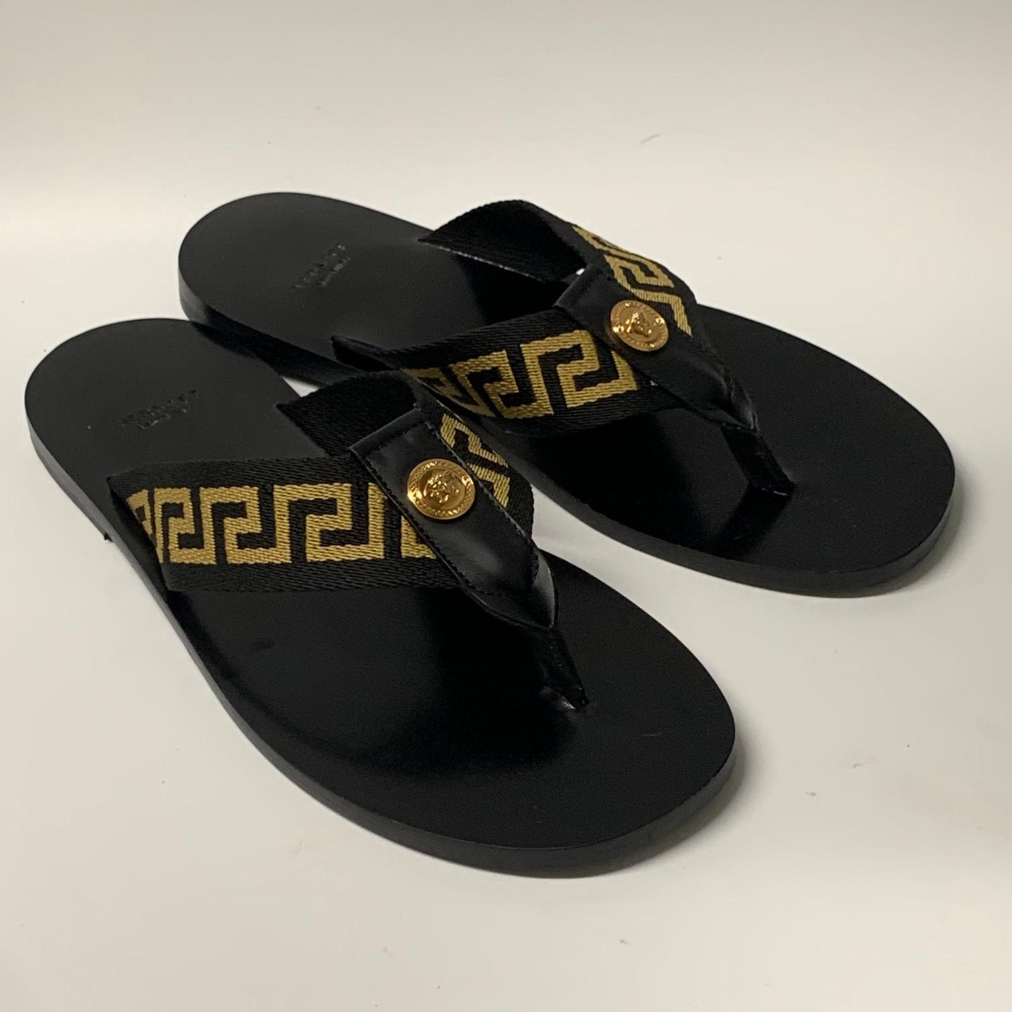 VERSACE Men's Flip-Flop Sandal Black Leather Nastro Shoe Slip On UK10 NEW
