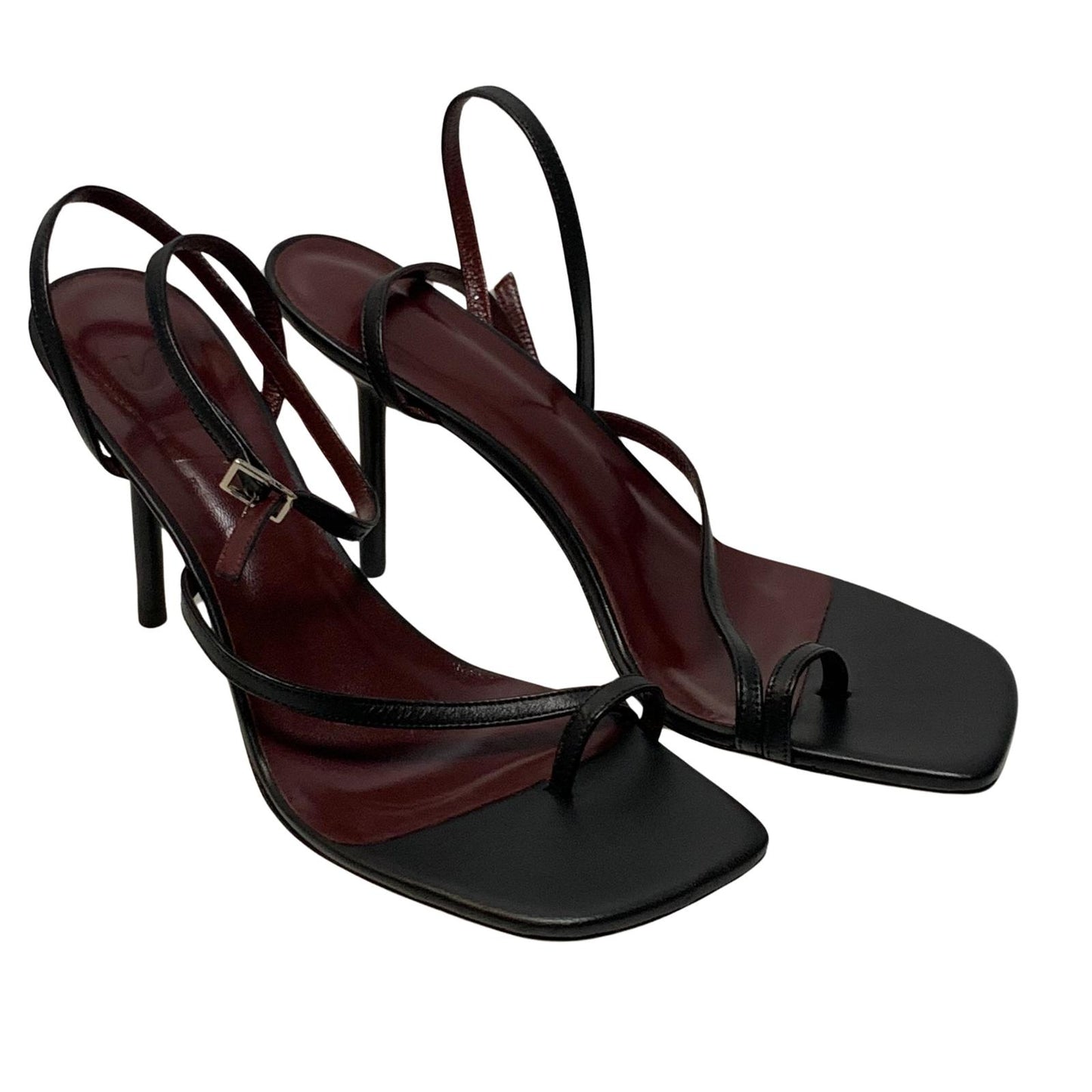 STAUD Ladies Strappy Heel Square Toe Toe Strap Open Black Leather Shoe UK7 NEW