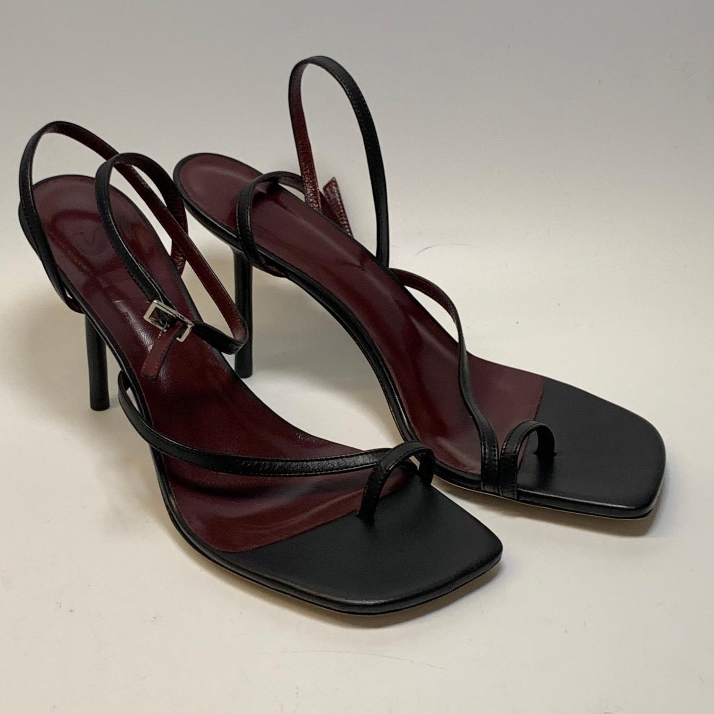 STAUD Ladies Strappy Heel Square Toe Toe Strap Open Black Leather Shoe UK7 NEW
