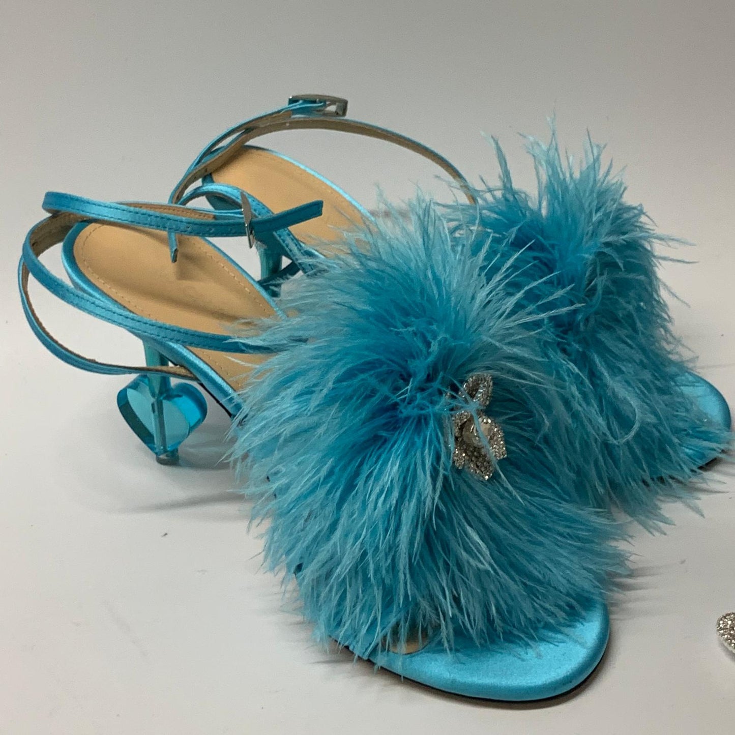 MACH & MACH Ladies Strappy Heel Feather Heart Blue Leather Shoe UK3.5 NEW