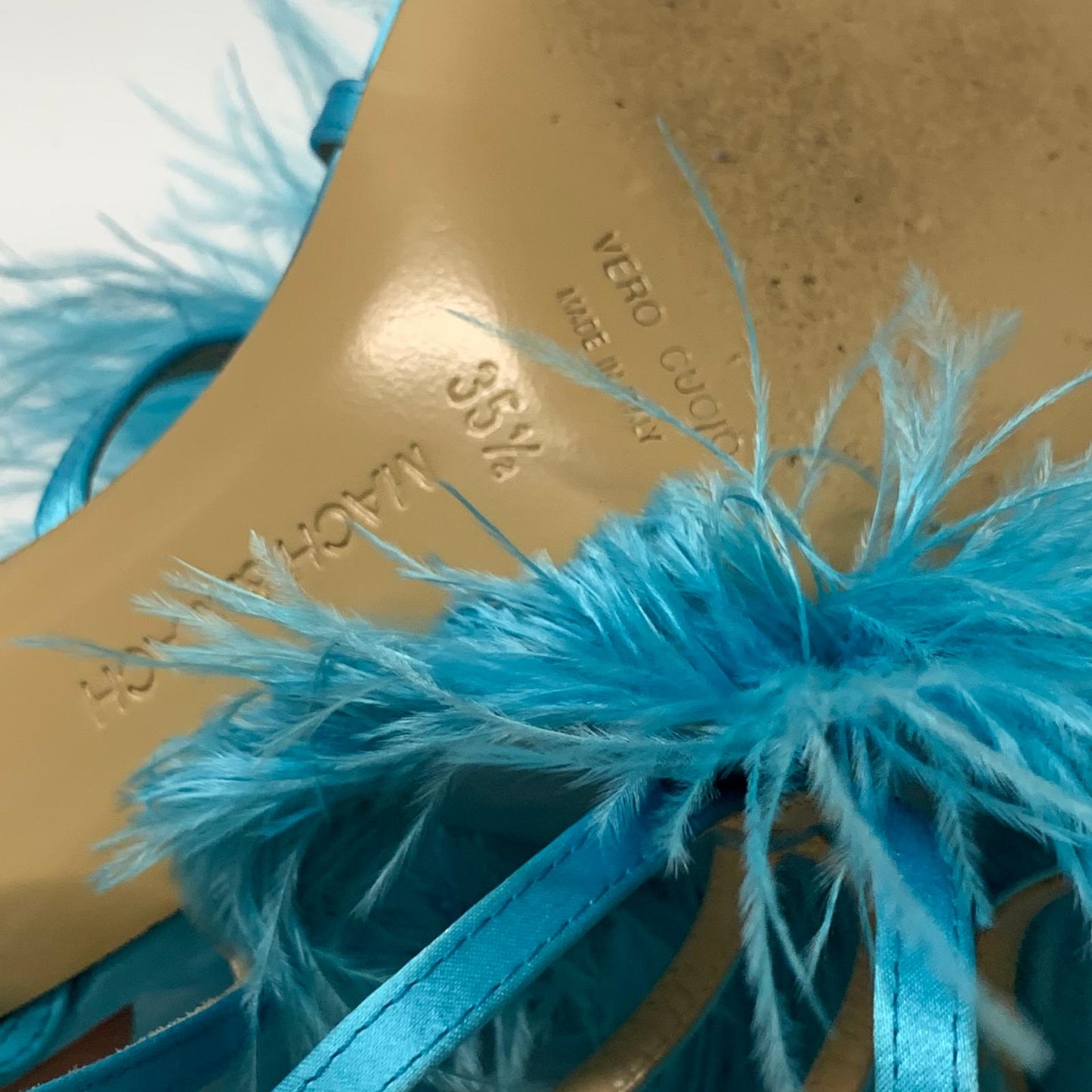 MACH & MACH Ladies Strappy Heel Feather Heart Blue Leather Shoe UK3.5 NEW