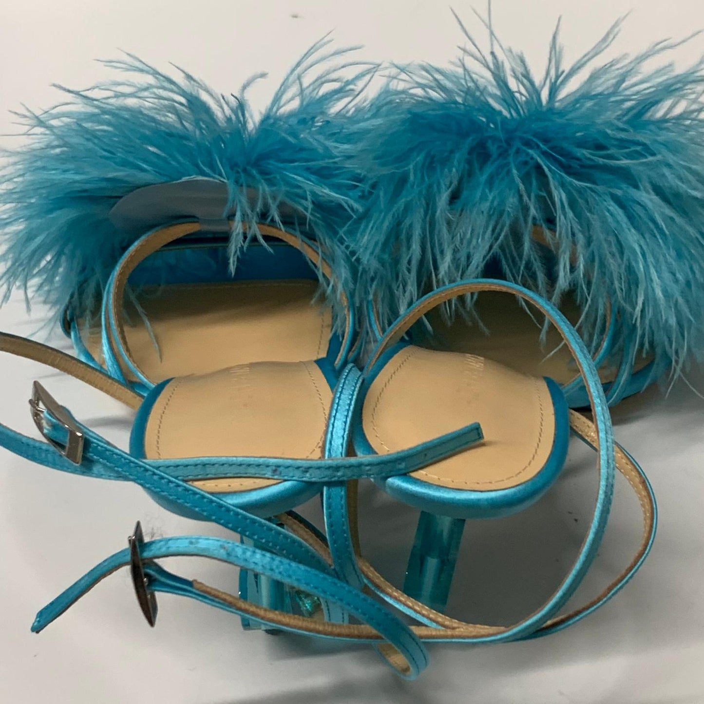 MACH & MACH Ladies Strappy Heel Feather Heart Blue Leather Shoe UK3.5 NEW