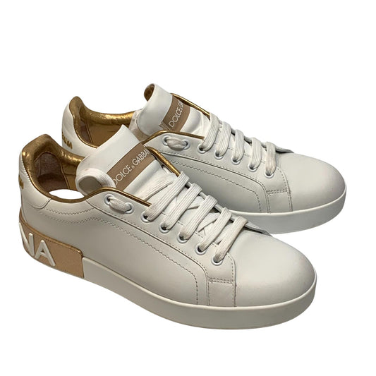 DOLCE & GABBANA Ladies Sneaker Trainer White Classic Gold Leather Shoe UK7 NEW