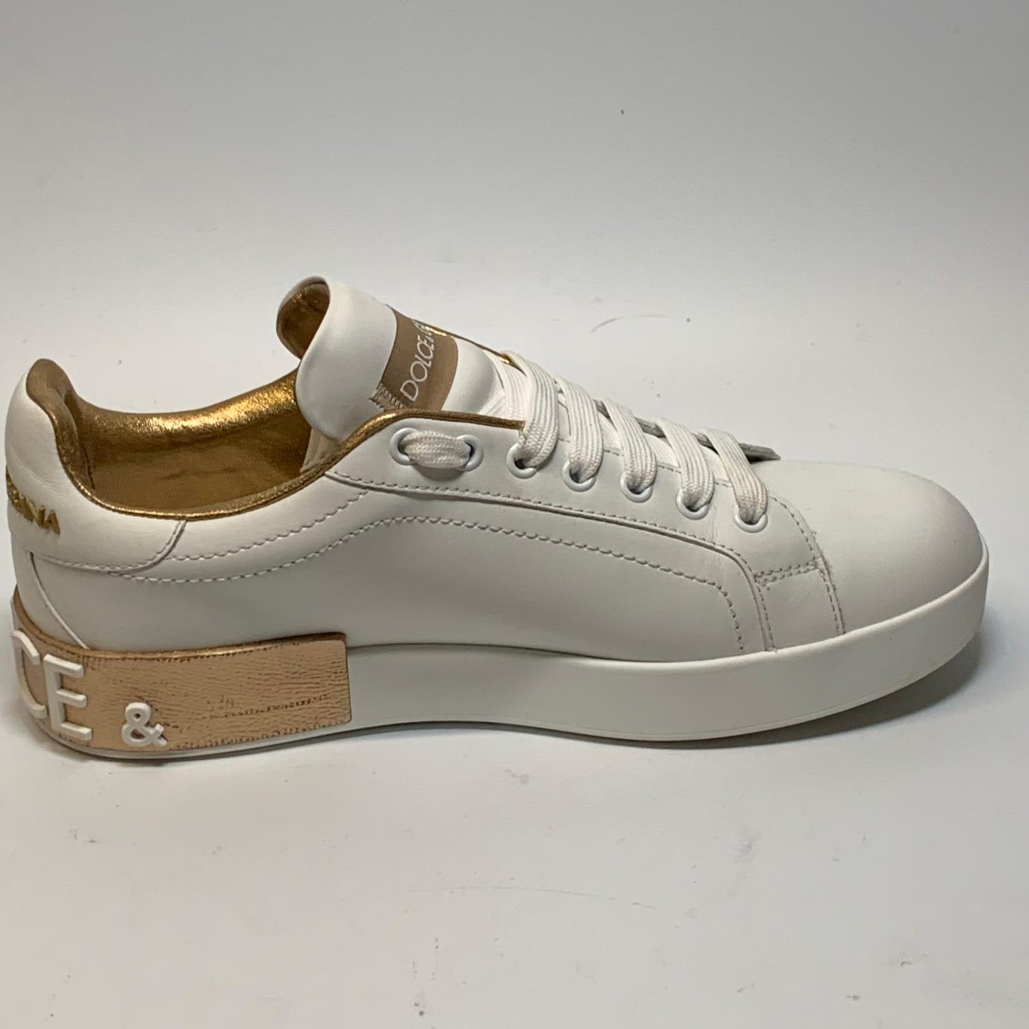 DOLCE & GABBANA Ladies Sneaker Trainer White Classic Gold Leather Shoe UK7 NEW