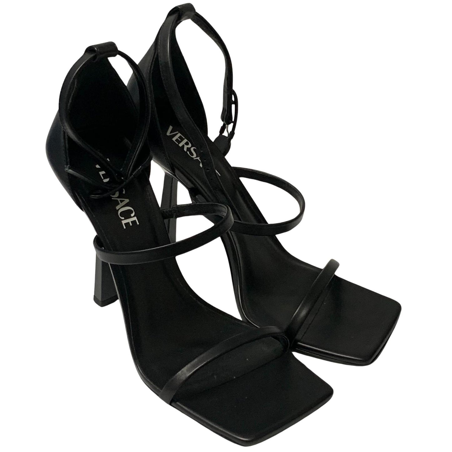 VERSACE Ladies Court Heel Black High Heel Leather Vitello Strap Shoe UK7 NEW