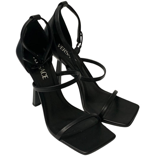 VERSACE Ladies Court Heel Black High Heel Leather Vitello Strap Shoe UK7 NEW