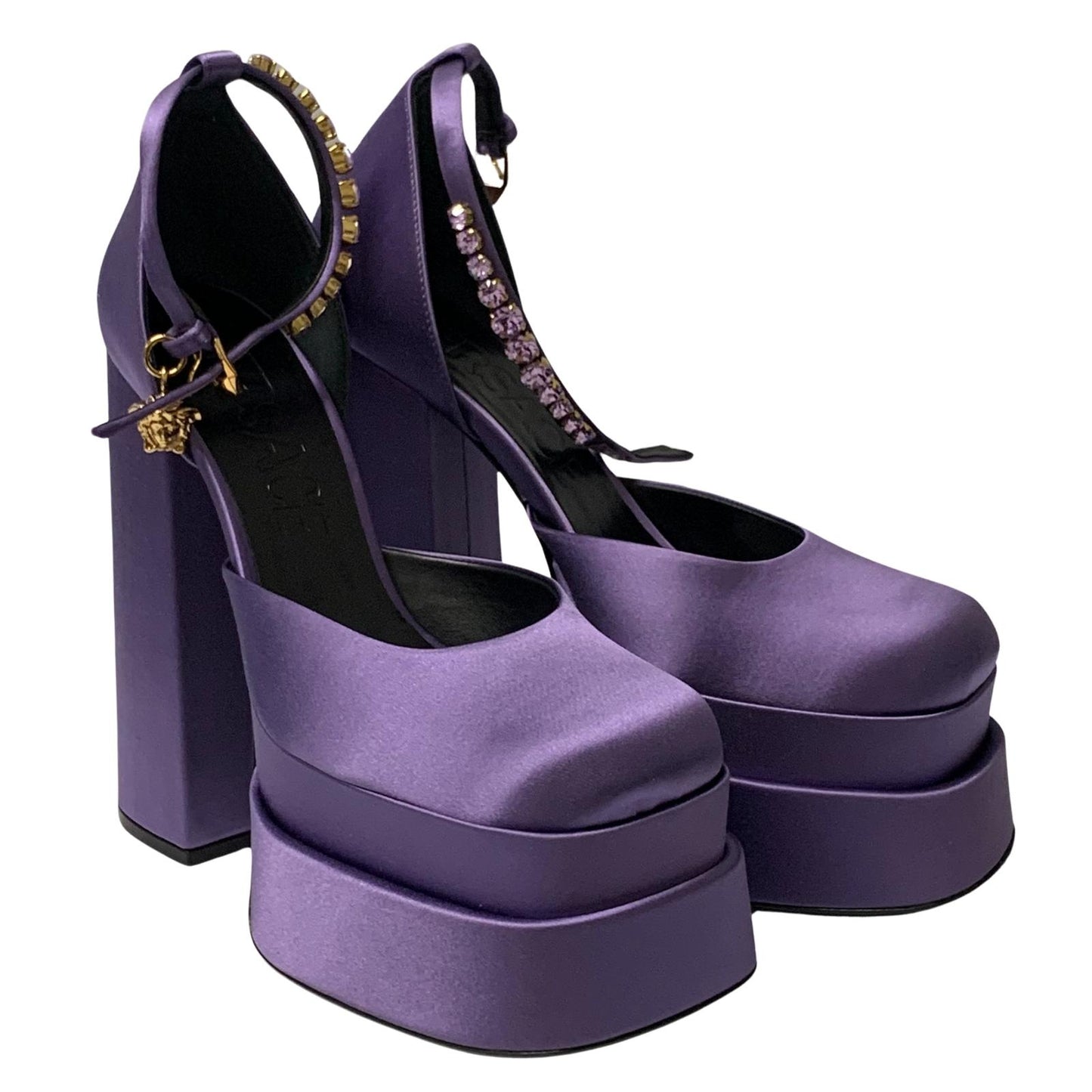 VERSACE Ladies Bootie Heel Thick Platform Satin Leather Shoe UK7 NEW