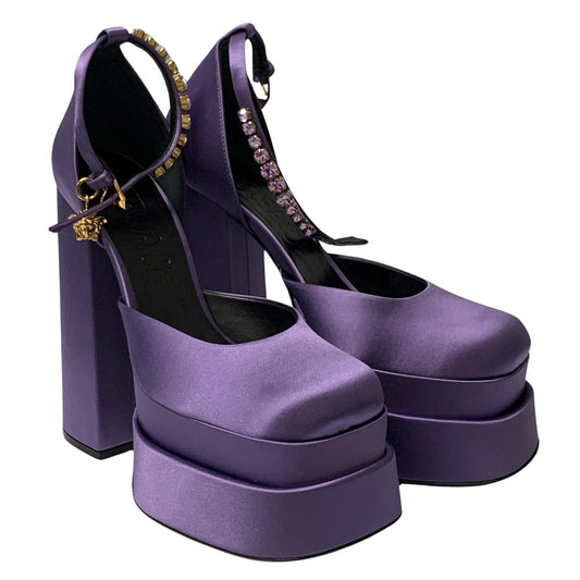 VERSACE Ladies Bootie Heel Thick Platform Satin Leather Shoe UK7 NEW