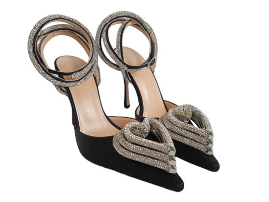MACH & MACH Ladies Black Satin Triple Heart Crystal Pump Shoes IT35 UK2 NEW