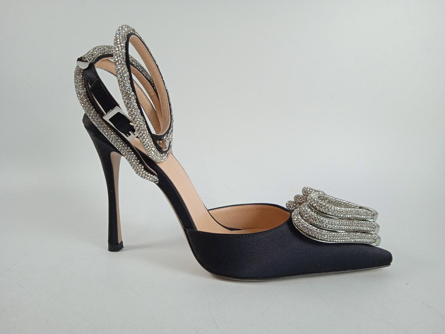 MACH & MACH Ladies Black Satin Triple Heart Crystal Pump Shoes IT35 UK2 NEW
