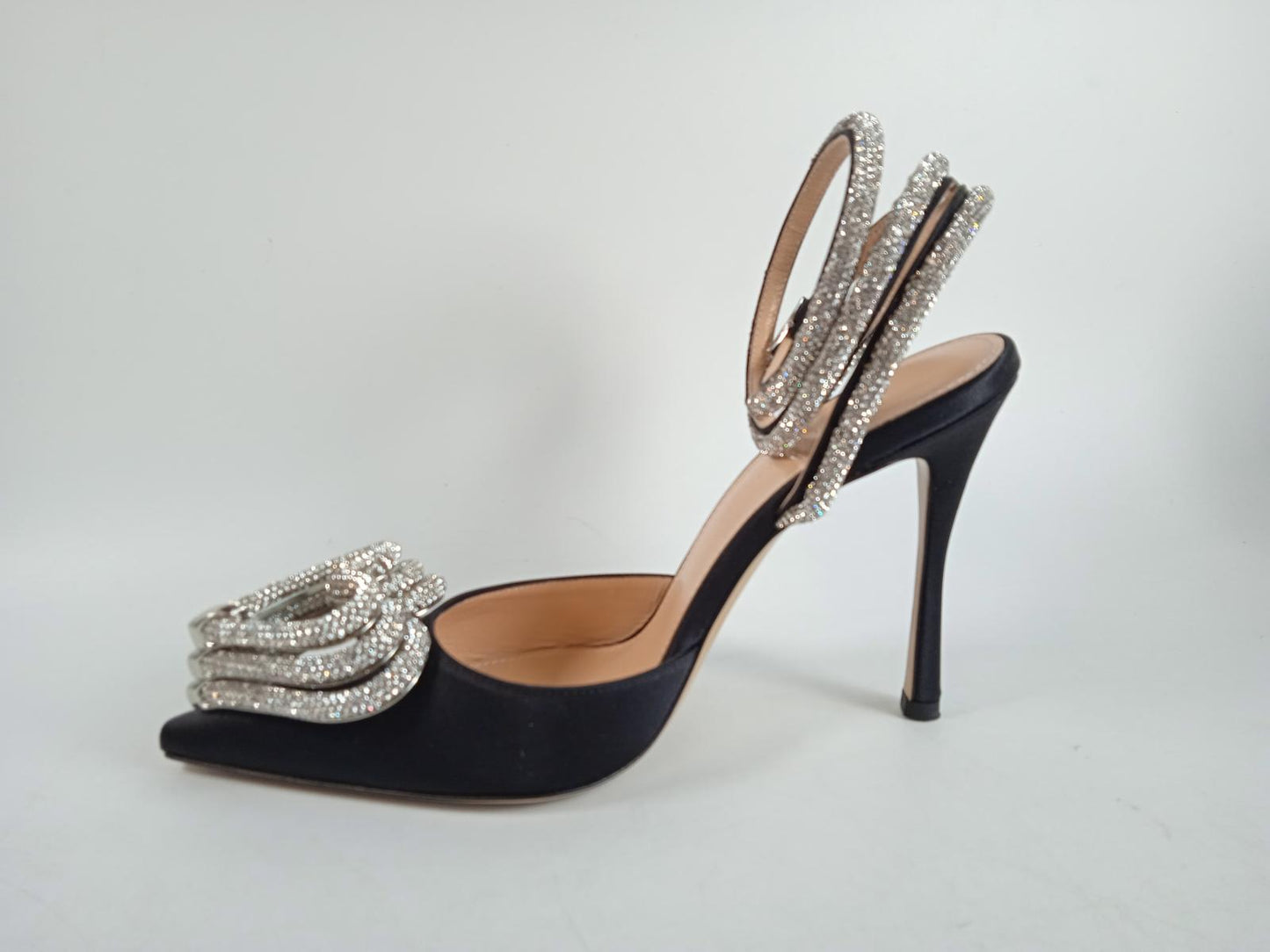 MACH & MACH Ladies Black Satin Triple Heart Crystal Pump Shoes IT35 UK2 NEW