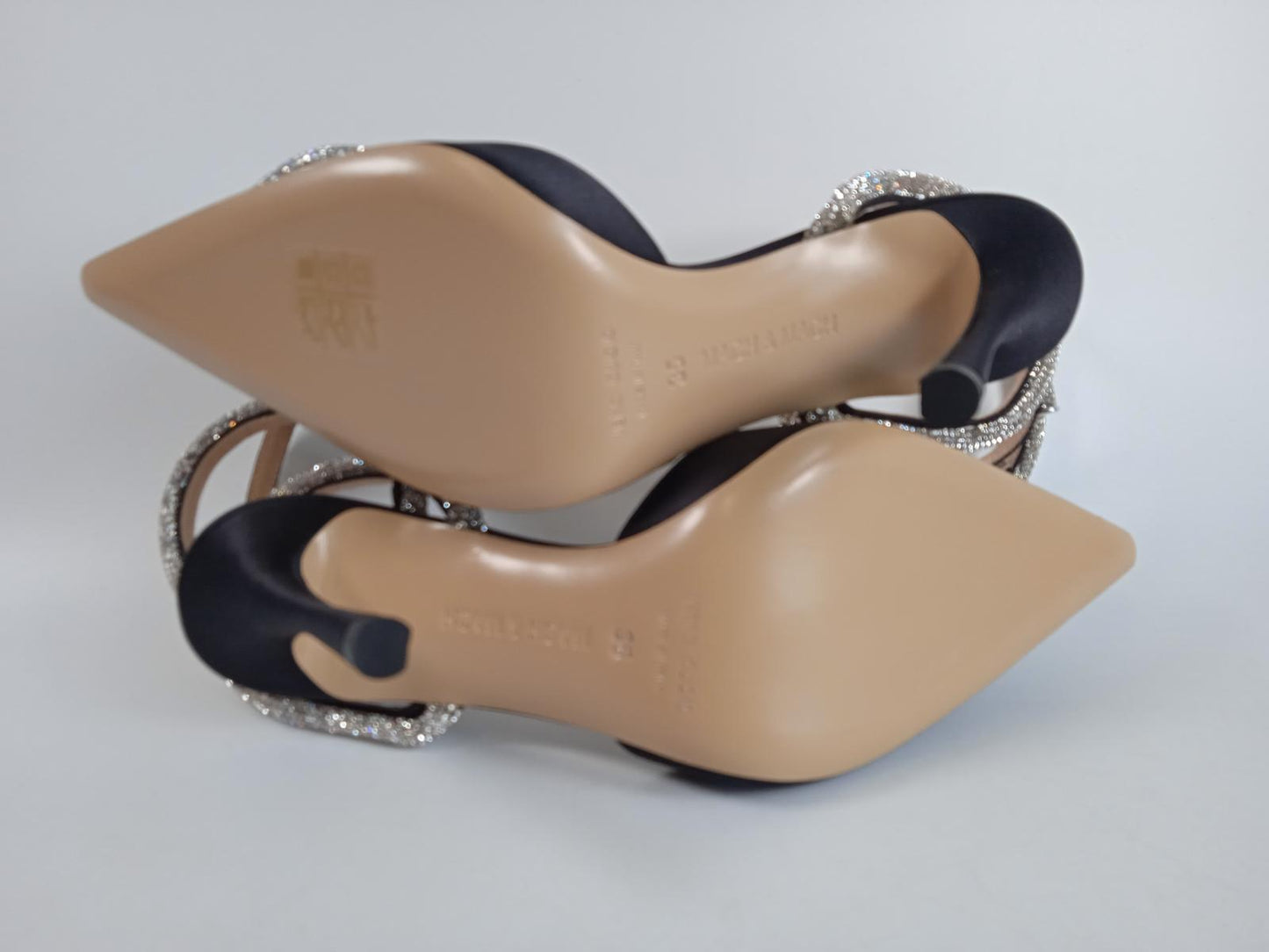 MACH & MACH Ladies Black Satin Triple Heart Crystal Pump Shoes IT35 UK2 NEW