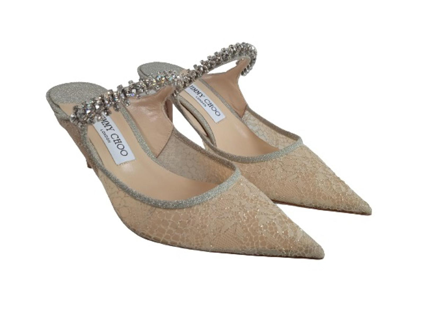 JIMMY CHOO Ladies Ivory Lace Crystal Strap Bing 65 Mule Shoes EU40 UK7 NEW