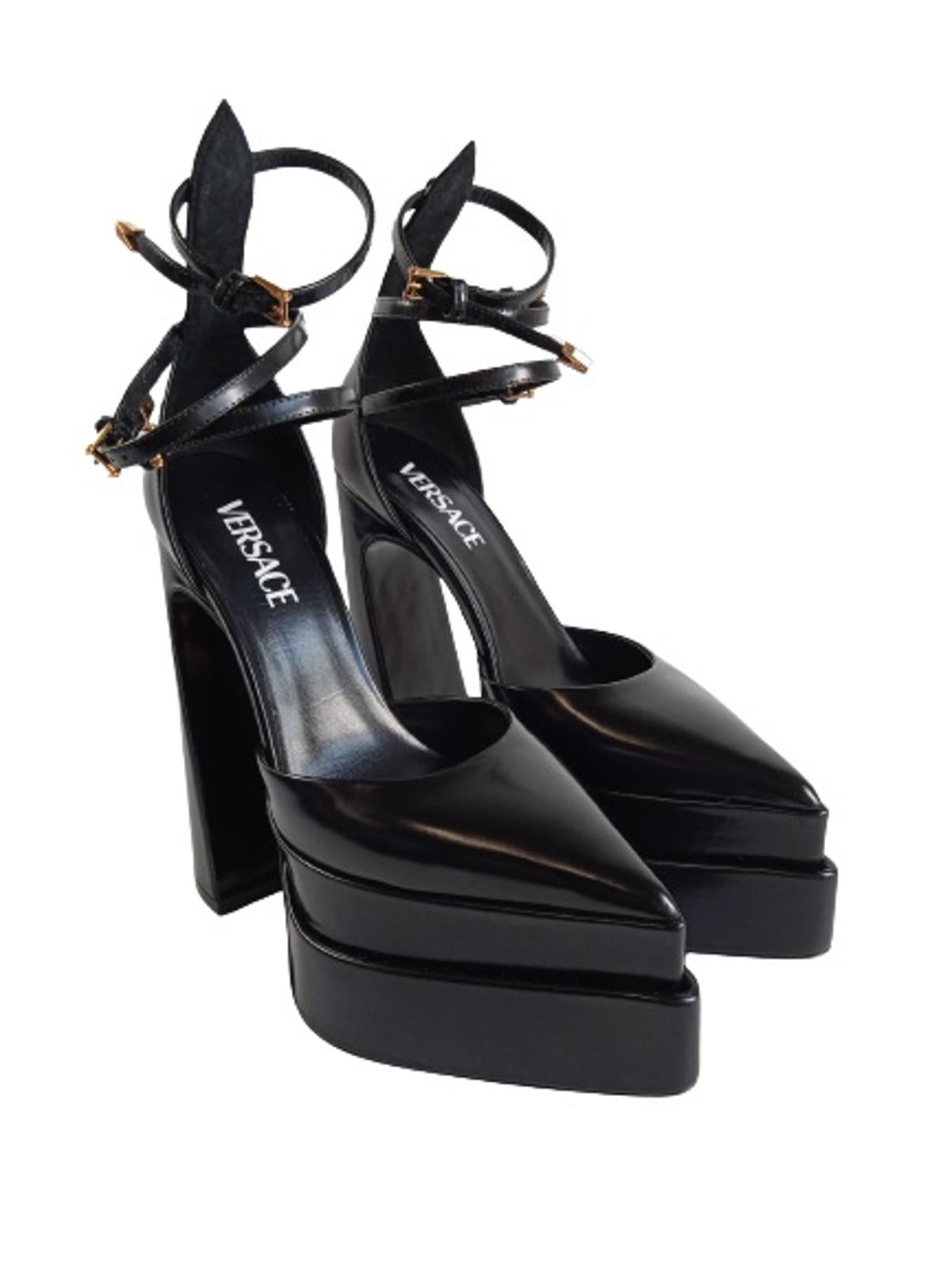 VERSACE Ladies Black Leather Triple Strap Platform Pump Shoes IT38 UK5 NEW