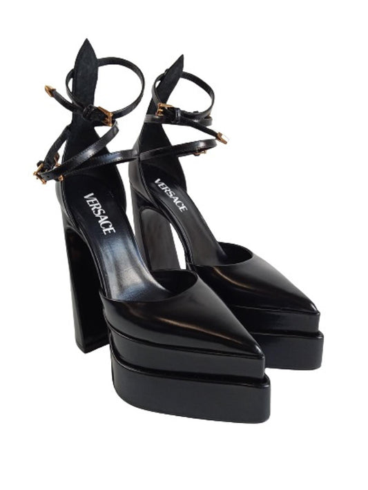 VERSACE Ladies Black Leather Triple Strap Platform Pump Shoes IT38 UK5 NEW