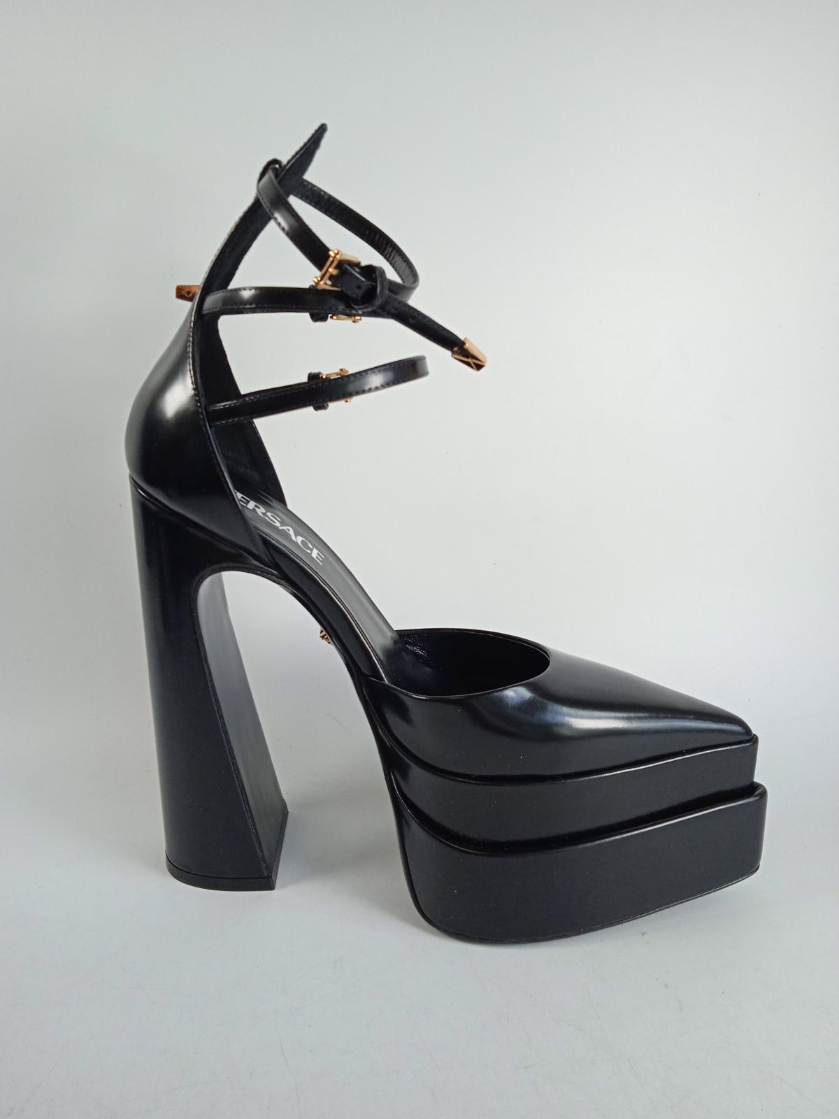 VERSACE Ladies Black Leather Triple Strap Platform Pump Shoes IT38 UK5 NEW
