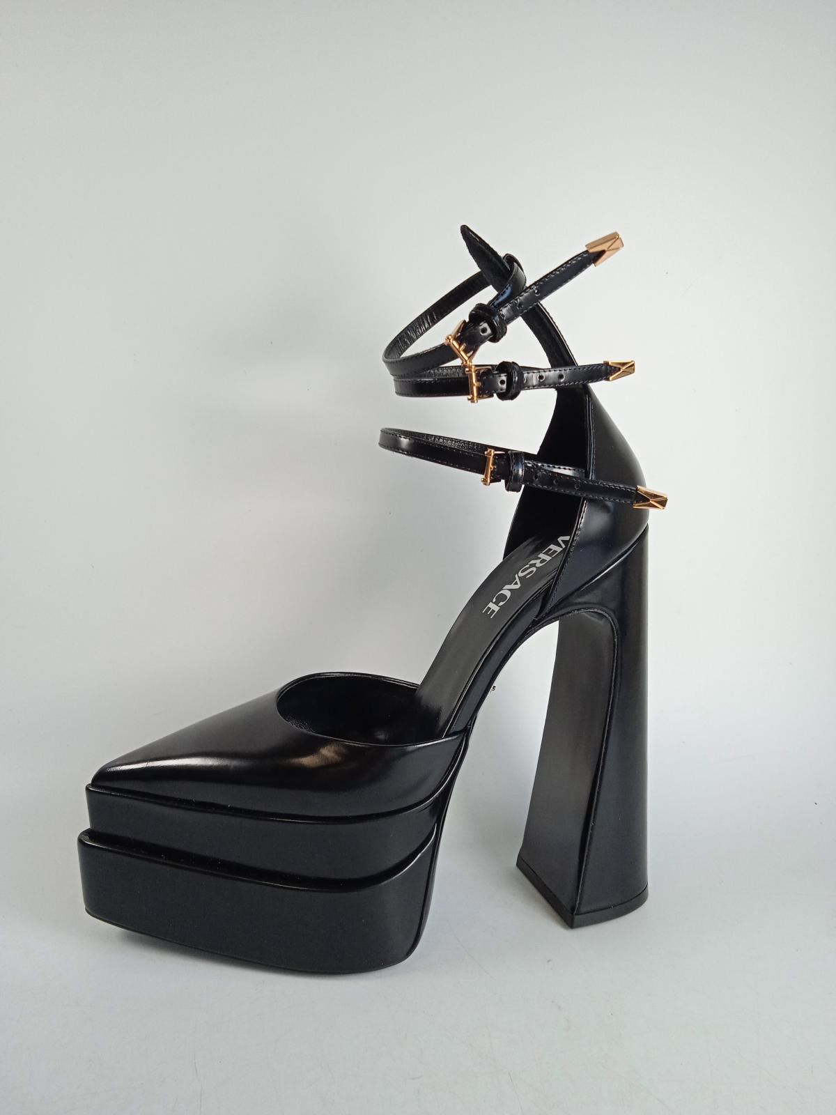 VERSACE Ladies Black Leather Triple Strap Platform Pump Shoes IT38 UK5 NEW