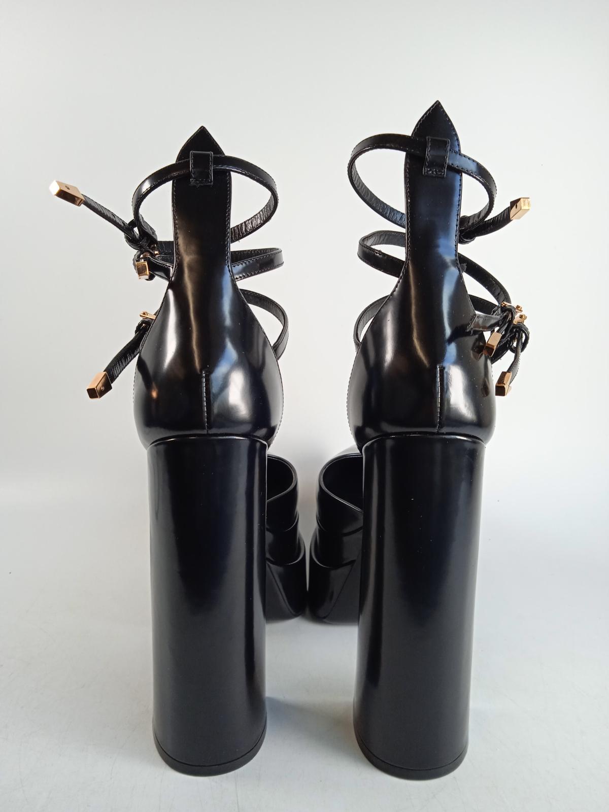 VERSACE Ladies Black Leather Triple Strap Platform Pump Shoes IT38 UK5 NEW