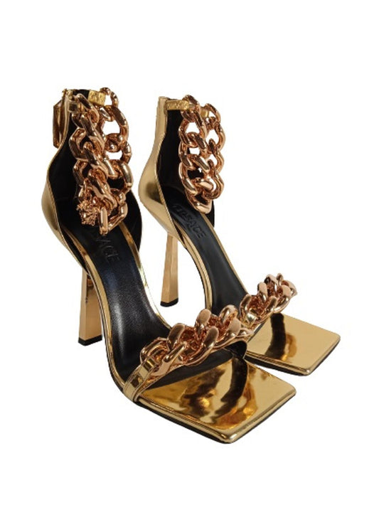 VERSACE Ladies Gold Calf Leather Medusa Chain Strap Sandals Size EU40 UK7 NEW